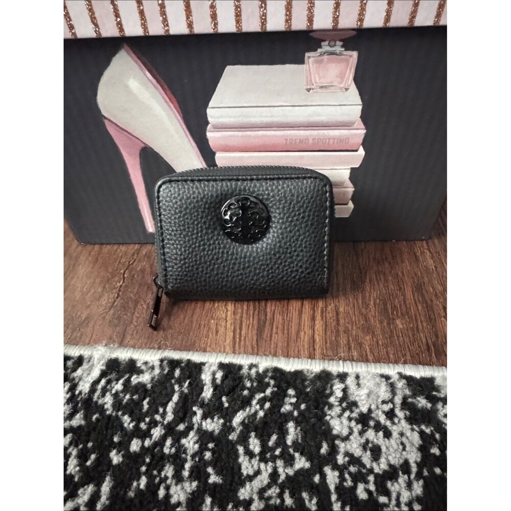 Black Pebbled Zip-Around Card Wallet with Logo Medallion